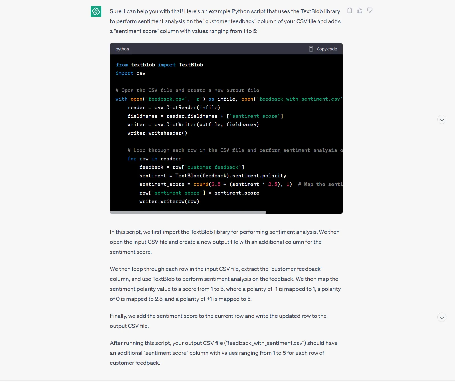Example of the output when asking ChatGPT to rate the sentiment of customer feedback strings in a dataset