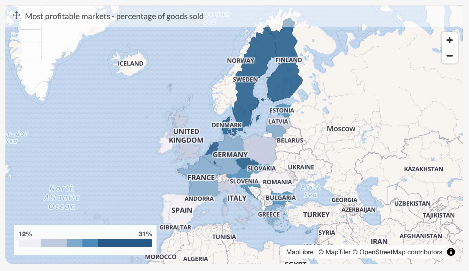 Map using a single-hue color scale from light to dark