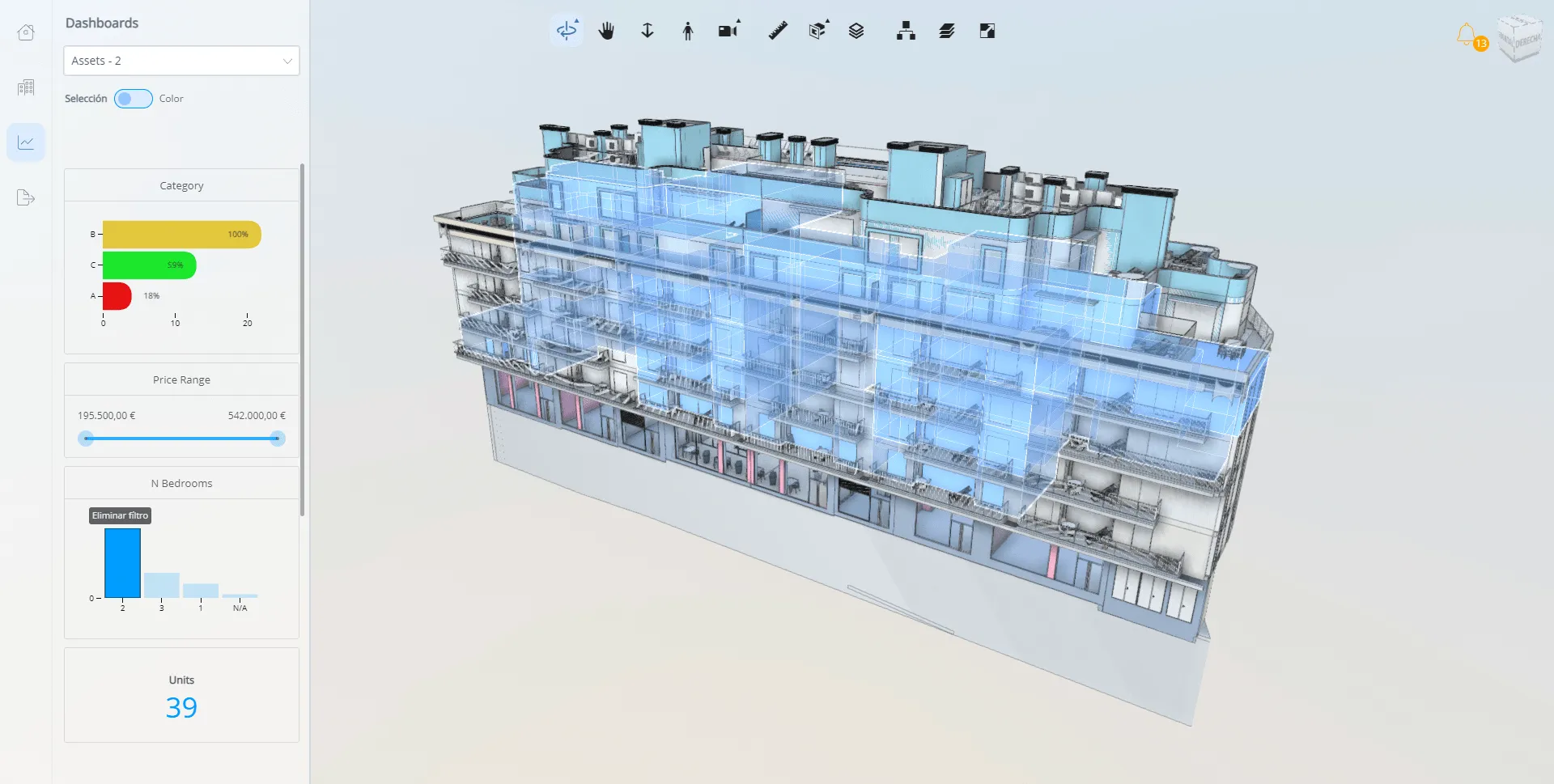 Example of a 3D construction model, on top of interactive Luzmo charts