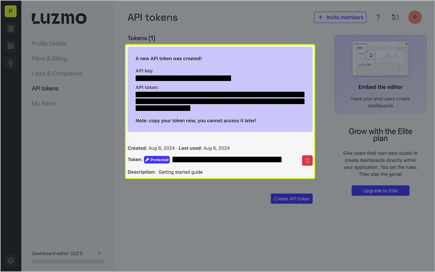 Generating API key and token in Luzmo