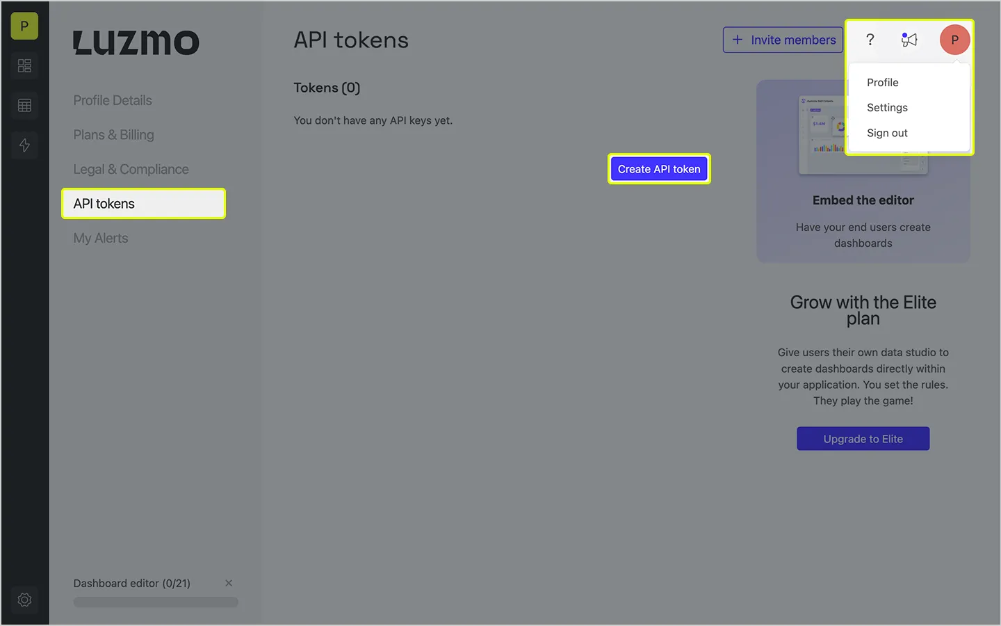 Luzmo profile settings to generate API tokens