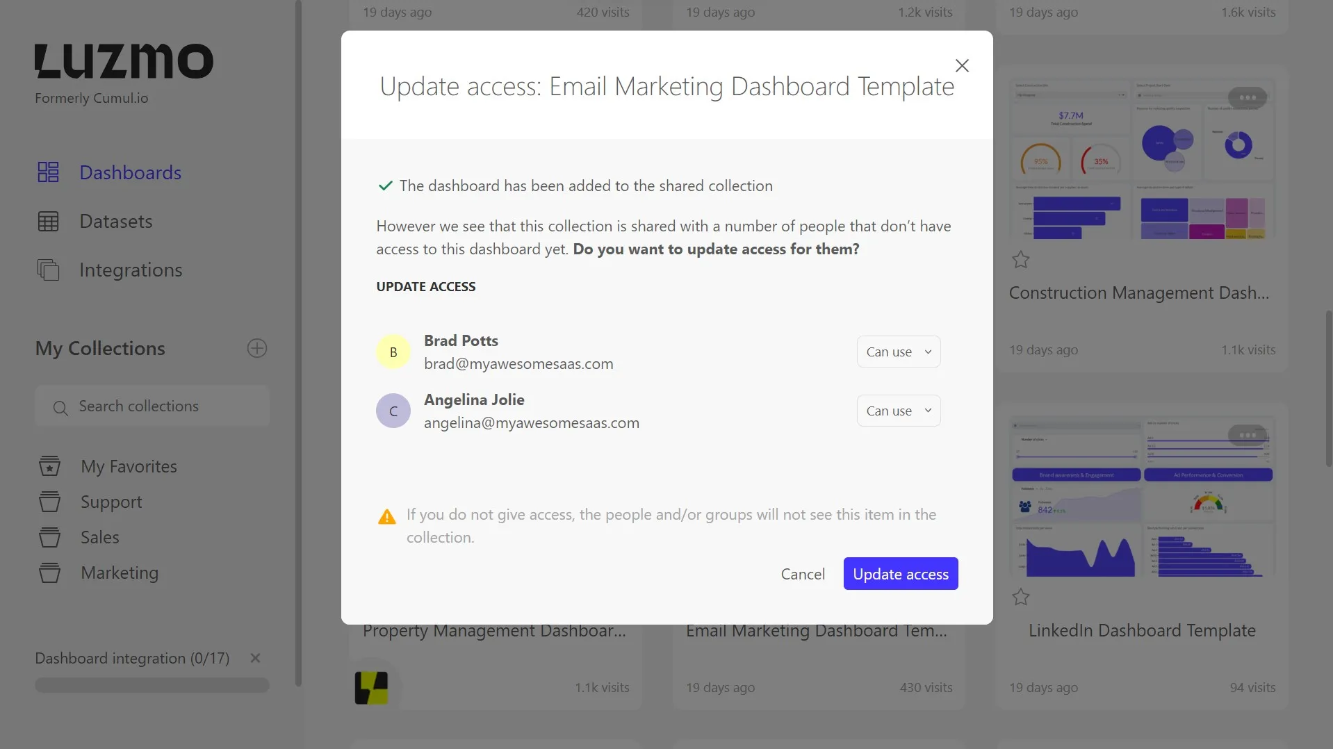 Setting access rights to a dashboard in a collection in Luzmo