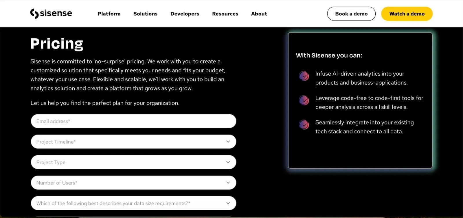 Sisense embedded analytics pricing