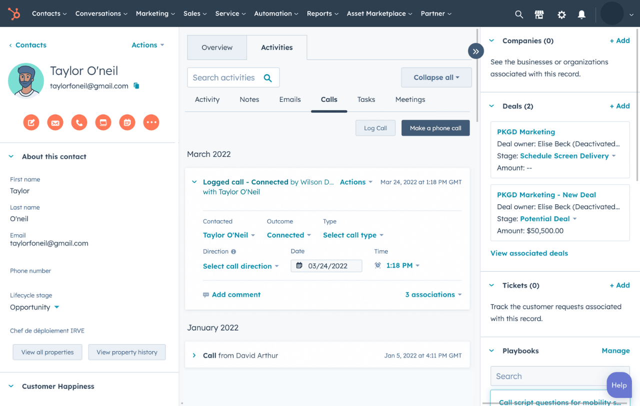 Example of customer interactions in HubSpot