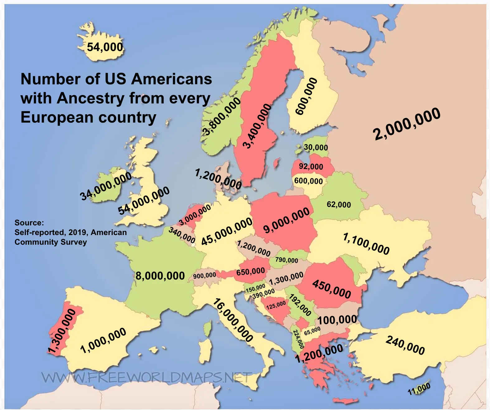 Map of US ancestry by European country using confusing colors