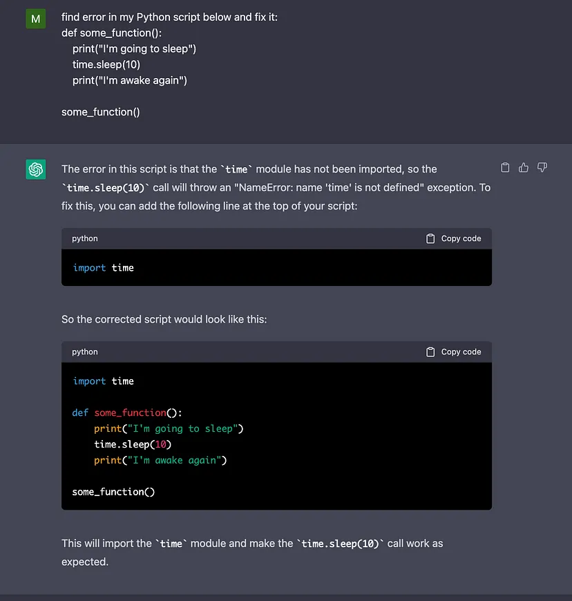Example how developers can use ChatGPT to solve errors in their code