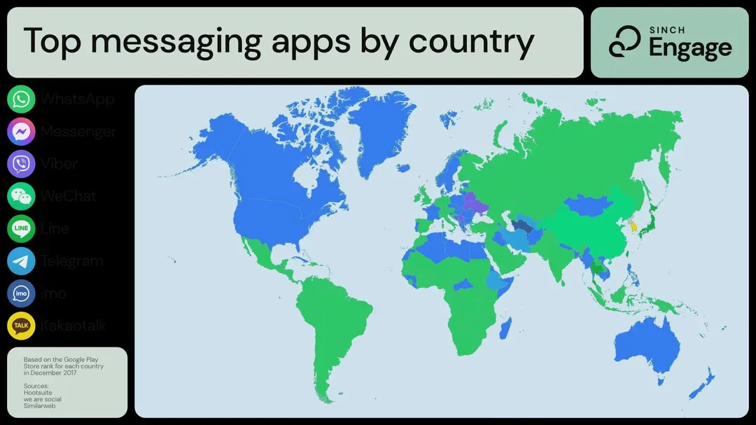 Map of messaging apps by country with colors too similar to read