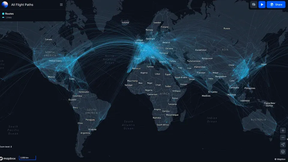 worldwide flight paths visualization