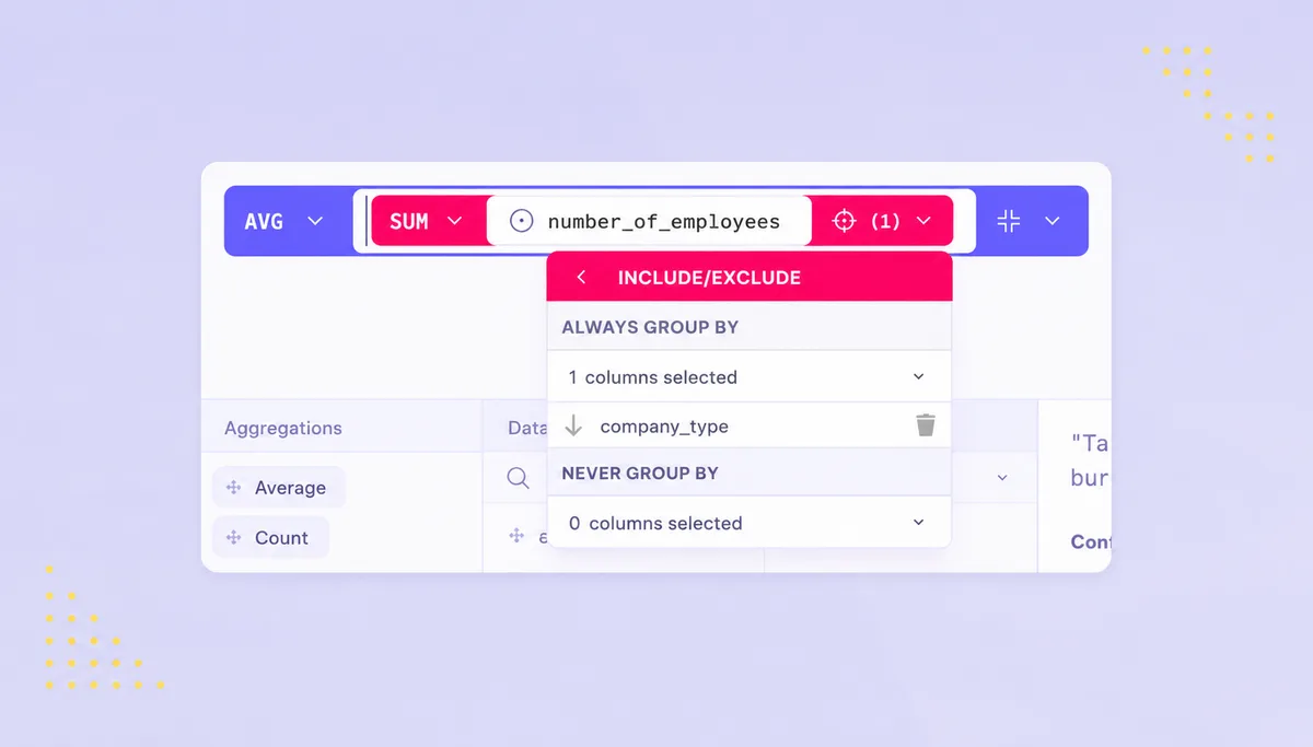 The formula editor's Include/Exclude panel for a nested aggregation, grouping an average of sums by company type.