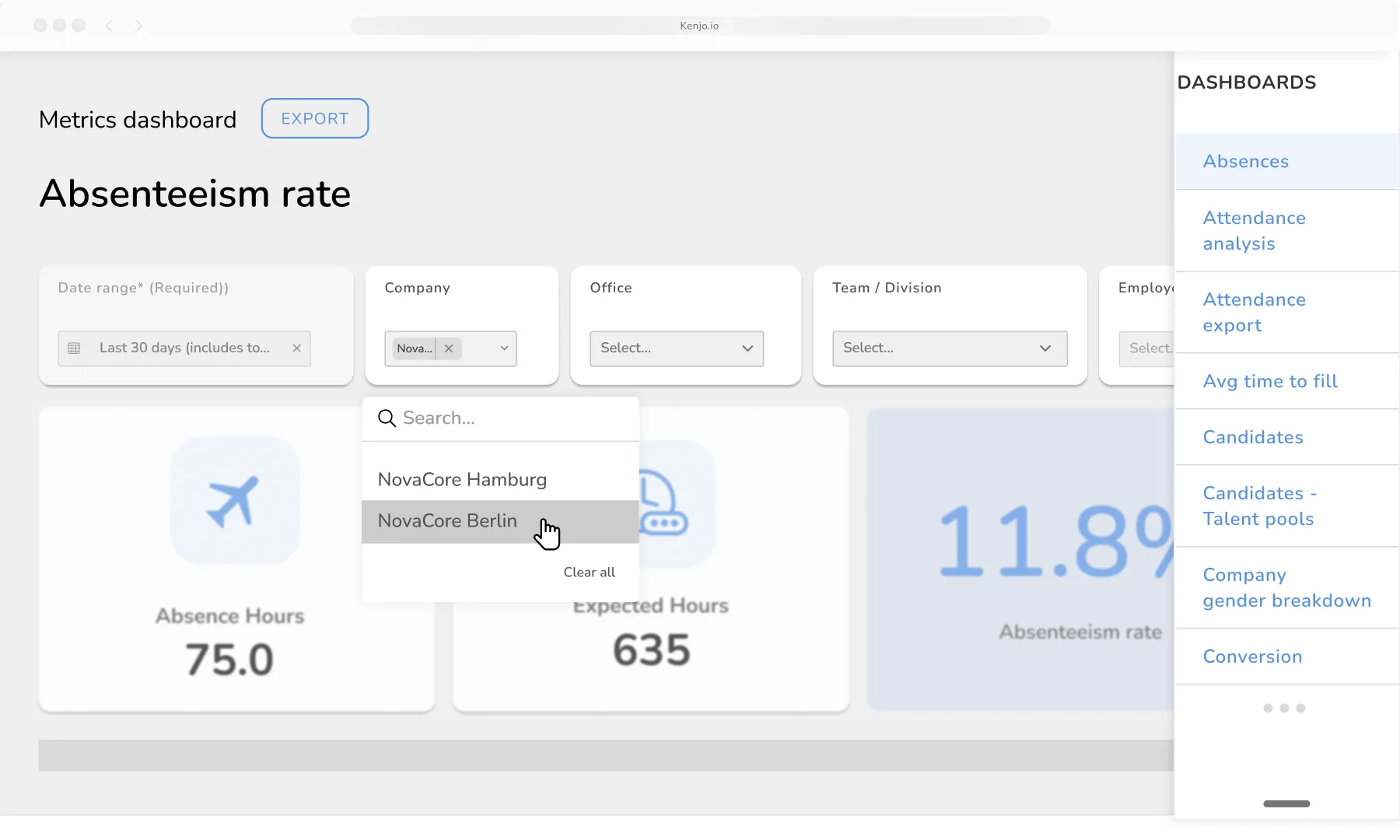 Luzmo analytics embedded in the Kenjo platform
